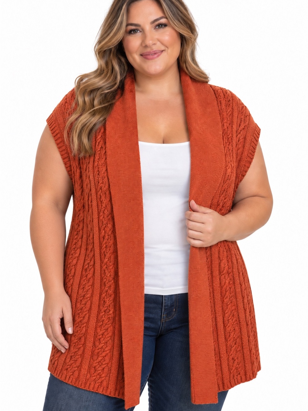 Lands’ End 2X Rust Orange Lambswool Cable Knit Open Front Sweater Vest